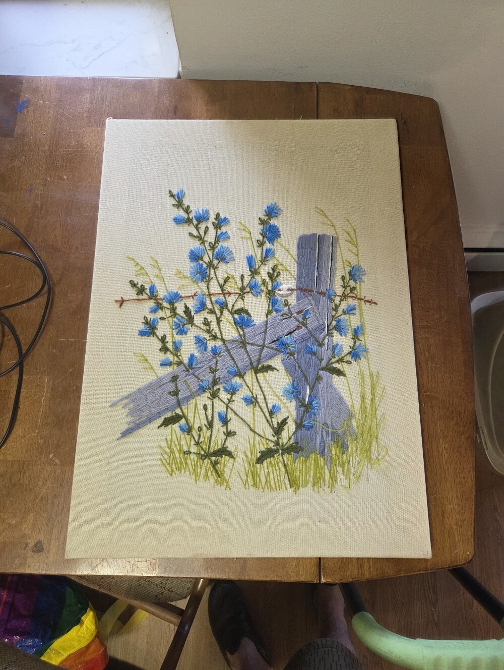 Vintage 1970s "Country Roadside" Crewel Embroidery - Blue Chicory & Fence - 19"
